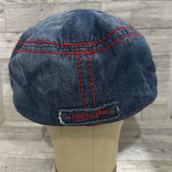 Blue denim cross embellished distress red stitch baseball cap hat - Picture 4 of 8